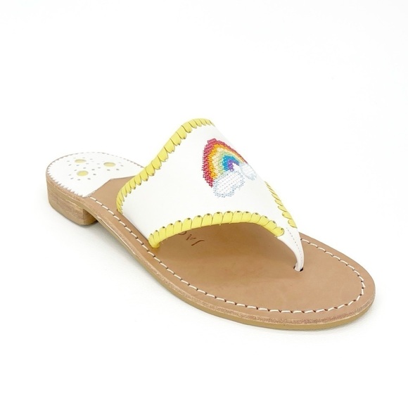 Jack Rogers Embroidered Sandals Rainbow & Clouds Size 6 White Yellow Thong New - Picture 2 of 9